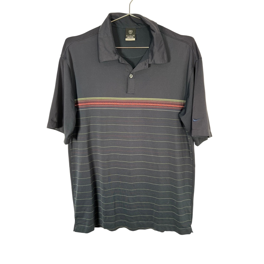 Nike Golf Dri-FIT UV Navy Blue Striped Short Sleeve Polo Shirt Mens Large